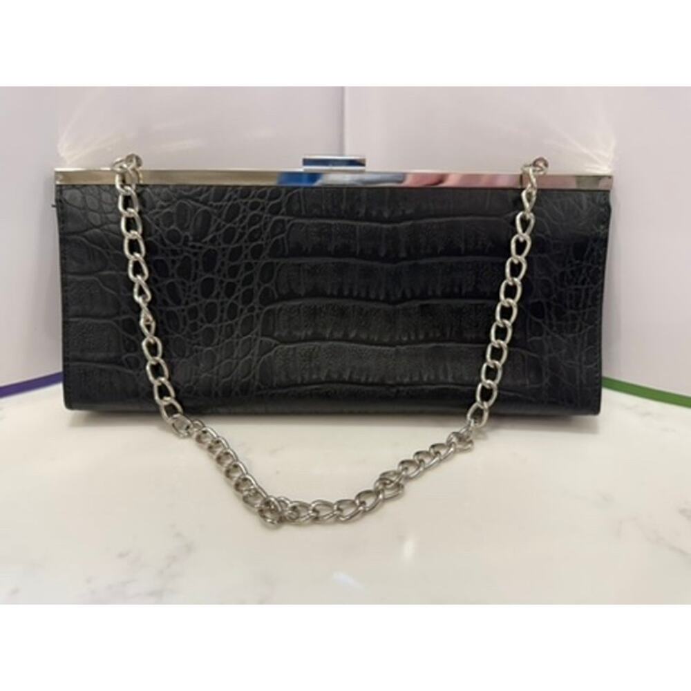 Lillian Vernon Black Leather Croc Clutch Handbag Purse Formal Prom Hoco‎ Event